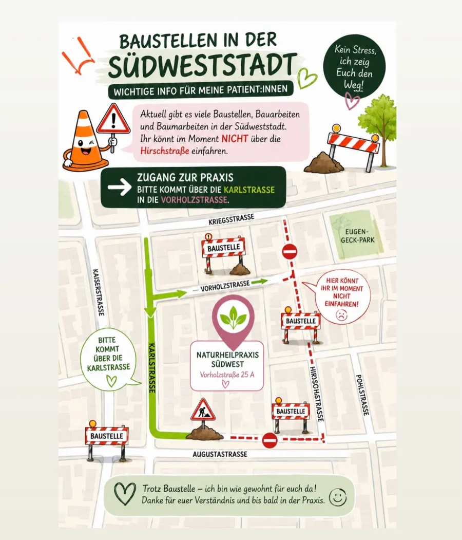 Hinweiskarte zur Anfahrt zur Naturheilpraxis SüdWest während der Baustellen in der Südweststadt